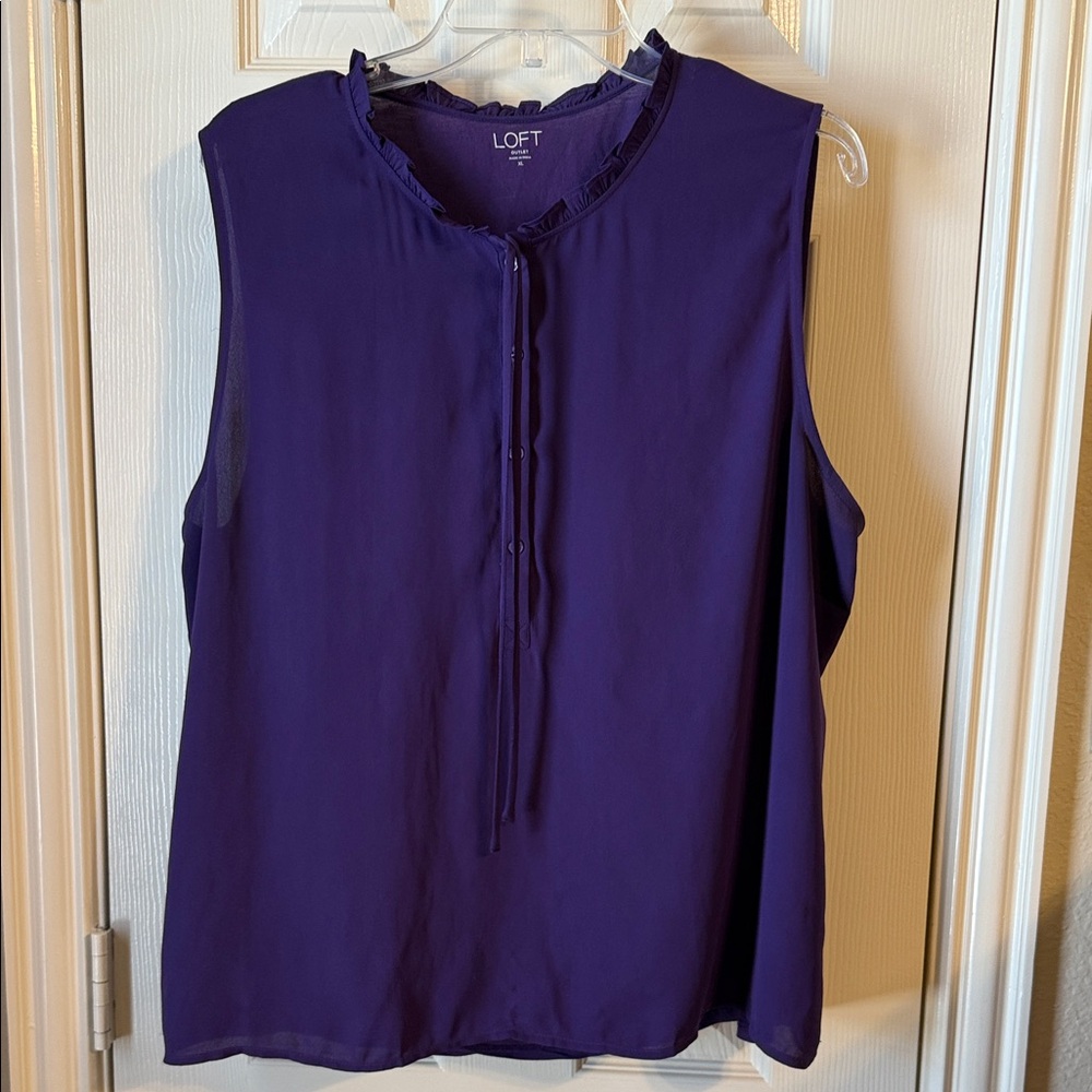 LOFT Sleeveless Ruffled Neck Blouse in Deep Purple